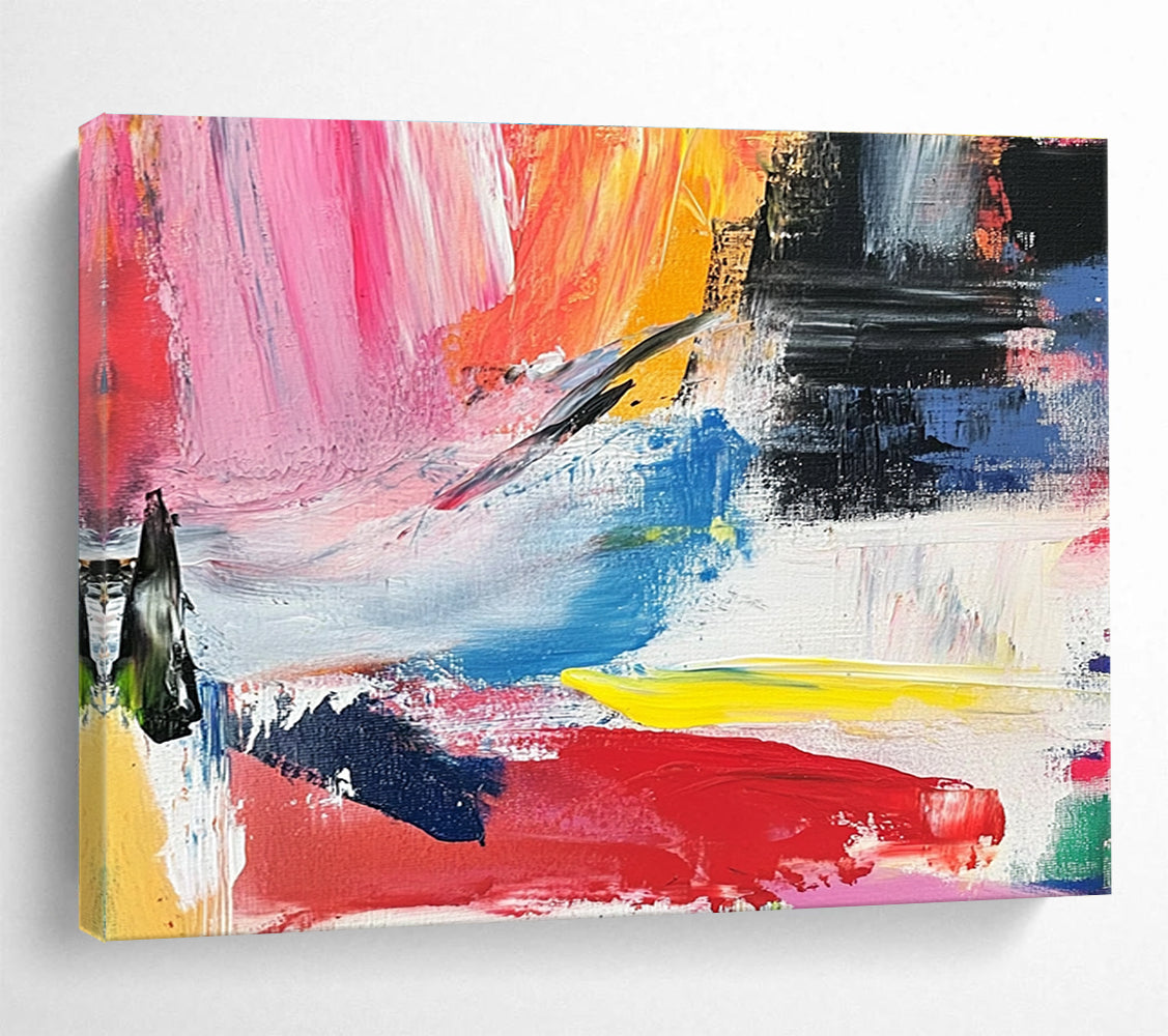 Abstract painting with vibrant colors and bold brush strokes evokes springtime joy and energy in a lively landscape of reds yellows and blues.SC437