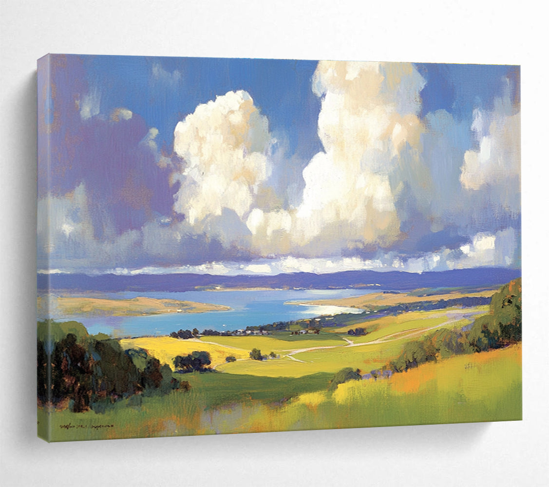 Scenic Landscape View Abstract Painting with Blue Green and Yellow Tones DYP581