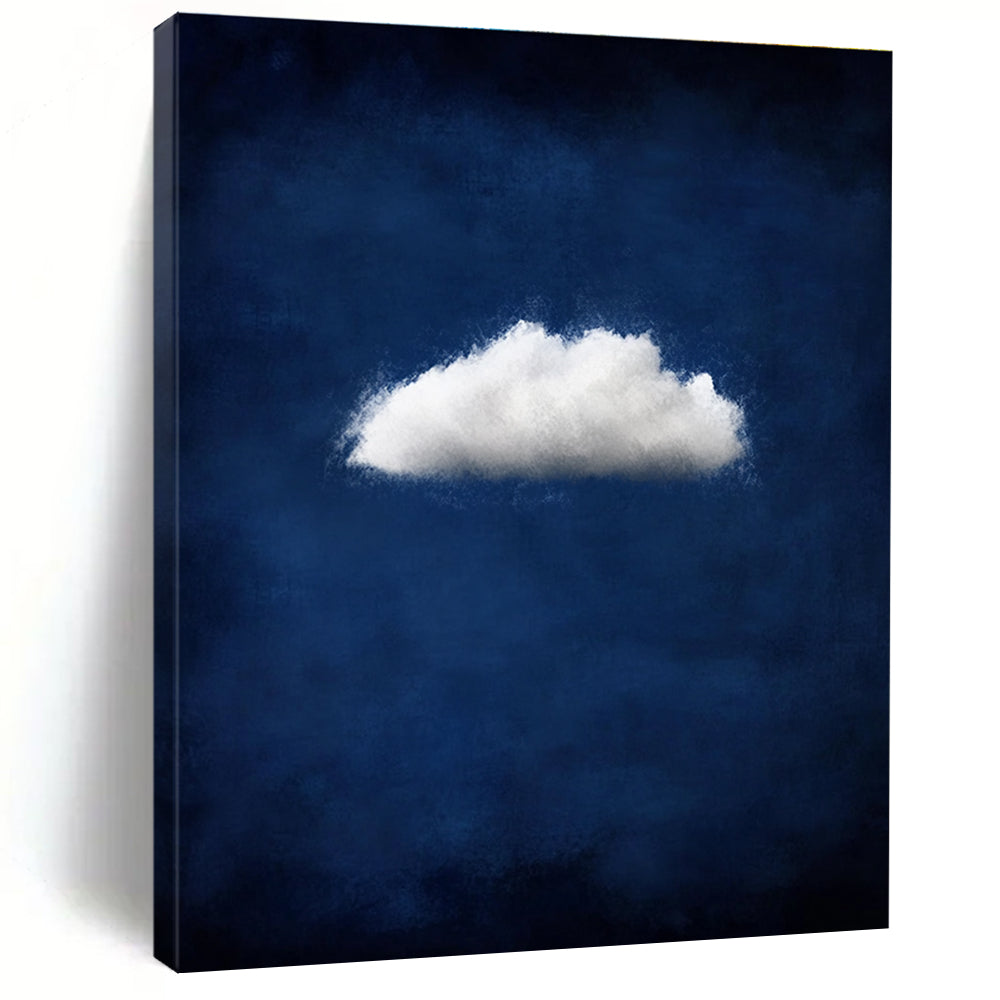 Large abstract artwork featuring a small white cloud on a dark blue backdrop creating a moody and atmospheric minimalist design.STSC1404