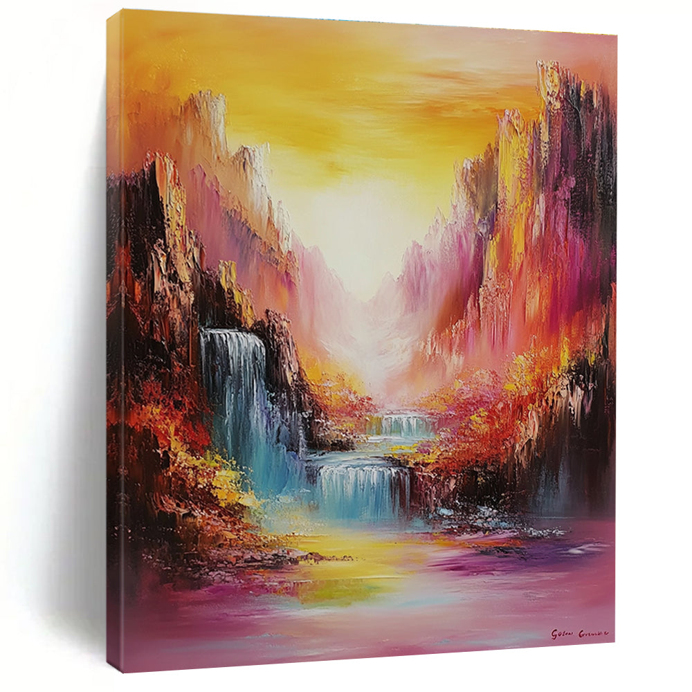 Large abstract oil painting featuring vibrant mountains and waterfalls in rainbow colors with bold brush strokes and a dreamy golden hour landscape.STSC1374