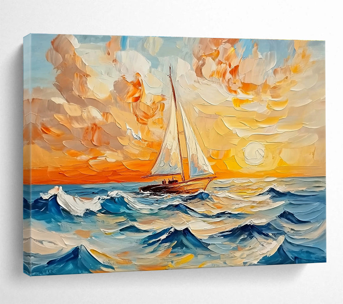 Sailboat Sunset Sea - Textured Seascape Abstract Painting DYP011