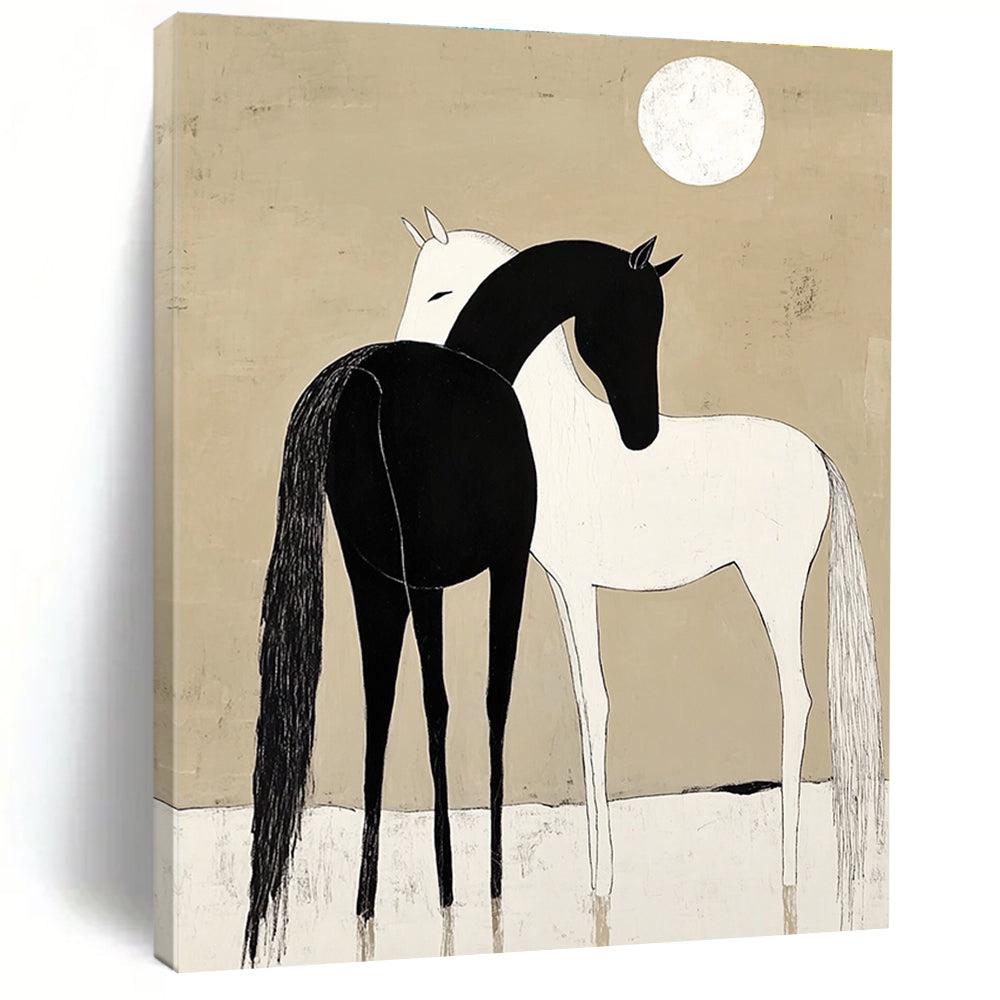 A large abstract painting depicting a black horse and white pony cuddling under a moonlit sky with simple shapes and a minimalistic beige background.STSC915