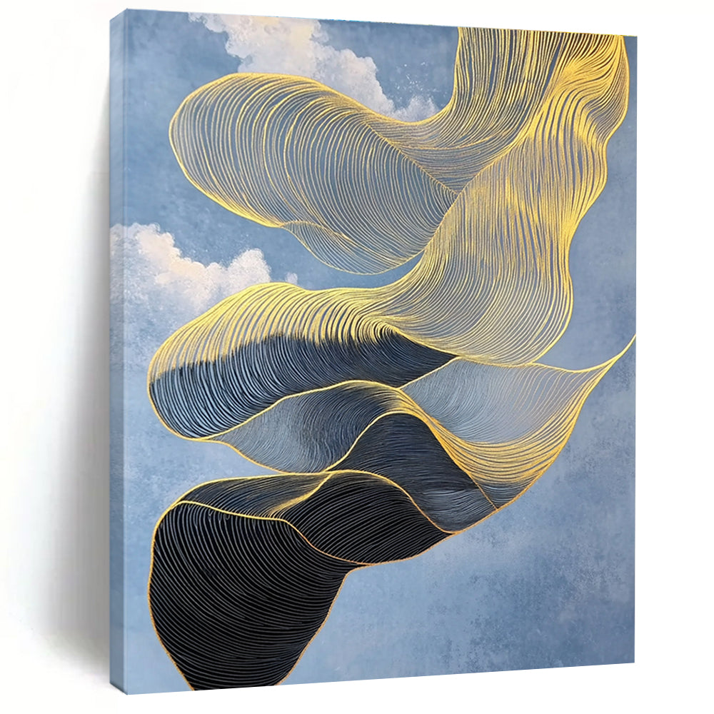 An Abstract Artwork Featuring An Elegant Gold And Black Scarf Floating Against A Crisp Blue Sky With Intricate Details And High Contrast.STSC1283