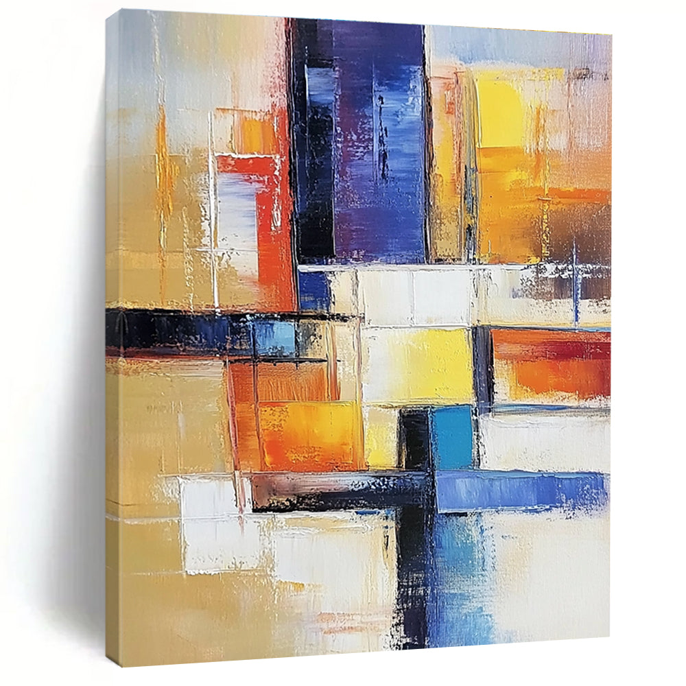 Large abstract painting of an urban landscape in warm colors featuring geometric shapes and soft lines on canvas.STSC153