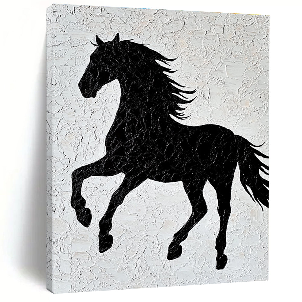 A large abstract artwork featuring a black horse silhouette on textured white paper with elegant lines and a minimalist design capturing graceful movement.STSC917