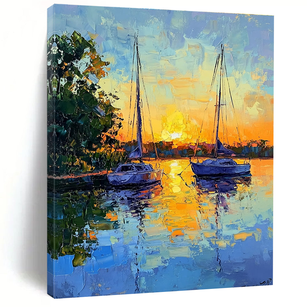 Large Abstract Painting of sailboats at sunset with soft brush strokes and vibrant colors creating tranquility and harmony between nature and human creation.STSC1393