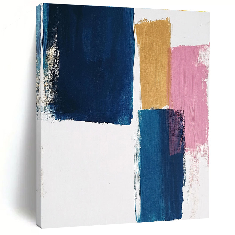Large abstract painting featuring thick brush strokes on a white background with blocks of blue mustard and pastel pink colors.STSC1343