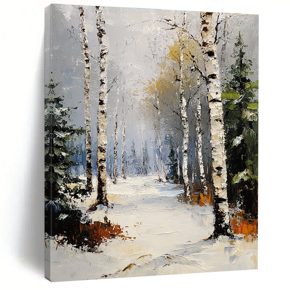 Abstract painting of a winter birch forest with pines under a grey sky and snowfall featuring thick impasto brush strokes.STSC1381