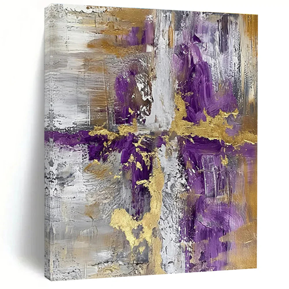Divine Convergence - Exploring the Purple, Gold, and Gray Abstract Cross