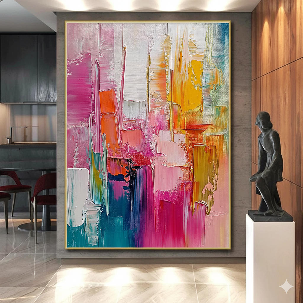 Vibrant Cascades: A Deep Dive into Pink Orange Abstract Painting with Thick Palette Knife Textures GER497