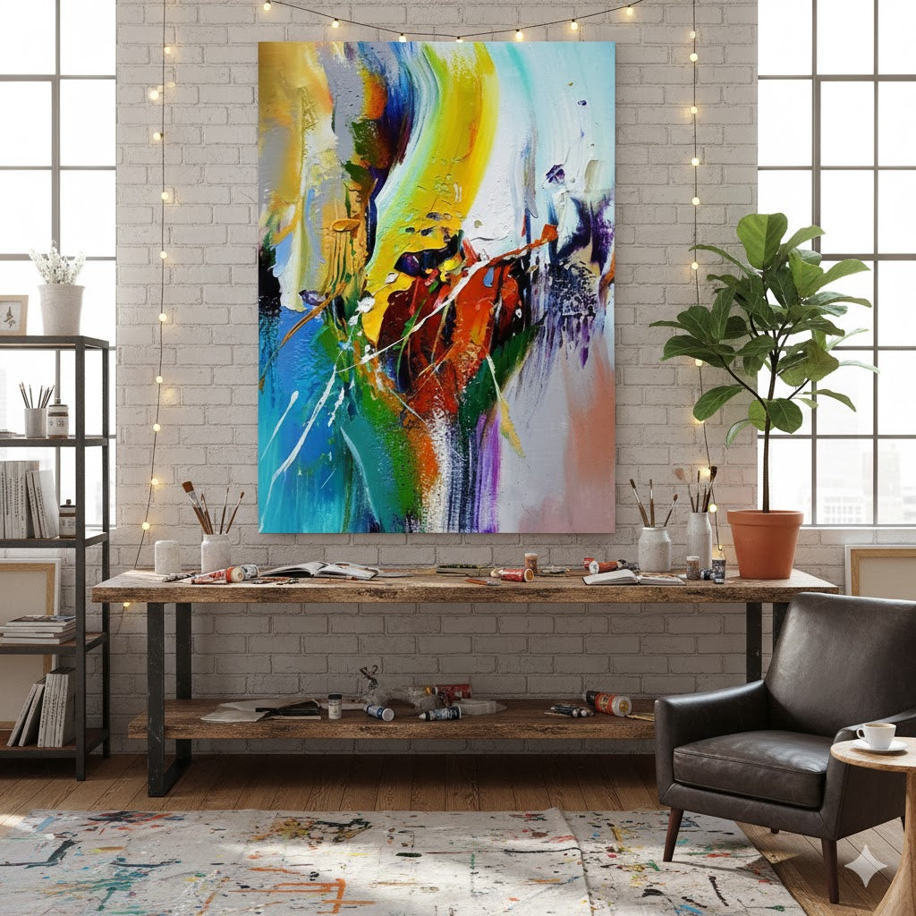 Vibrant Chaos: Decoding the Energy in Sophia Rivera's Colorful Dynamic Abstract Painting with Energetic Brushstrokes ADGE408