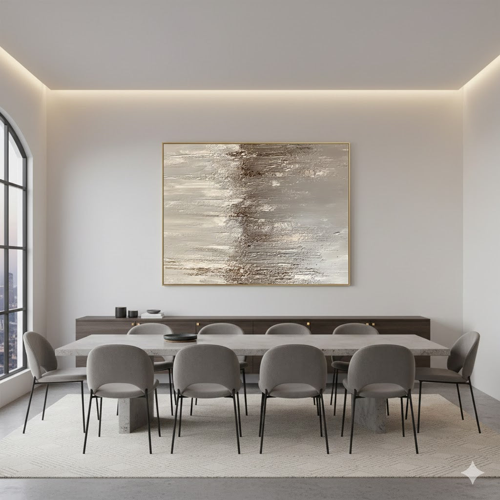 Ethereal Drips: A Comprehensive Exploration of Textured Gray and Beige Abstract Painting with Dripping Effects GER247