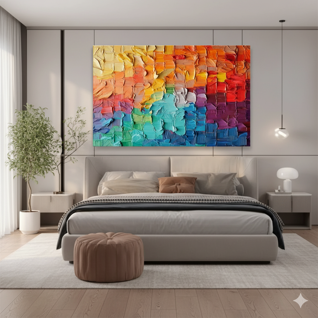 Exploring the Vibrant Spectrum: A Deep Dive into "Rainbow Palette Knife Abstract Painting with Layered Color Squares THY299"
