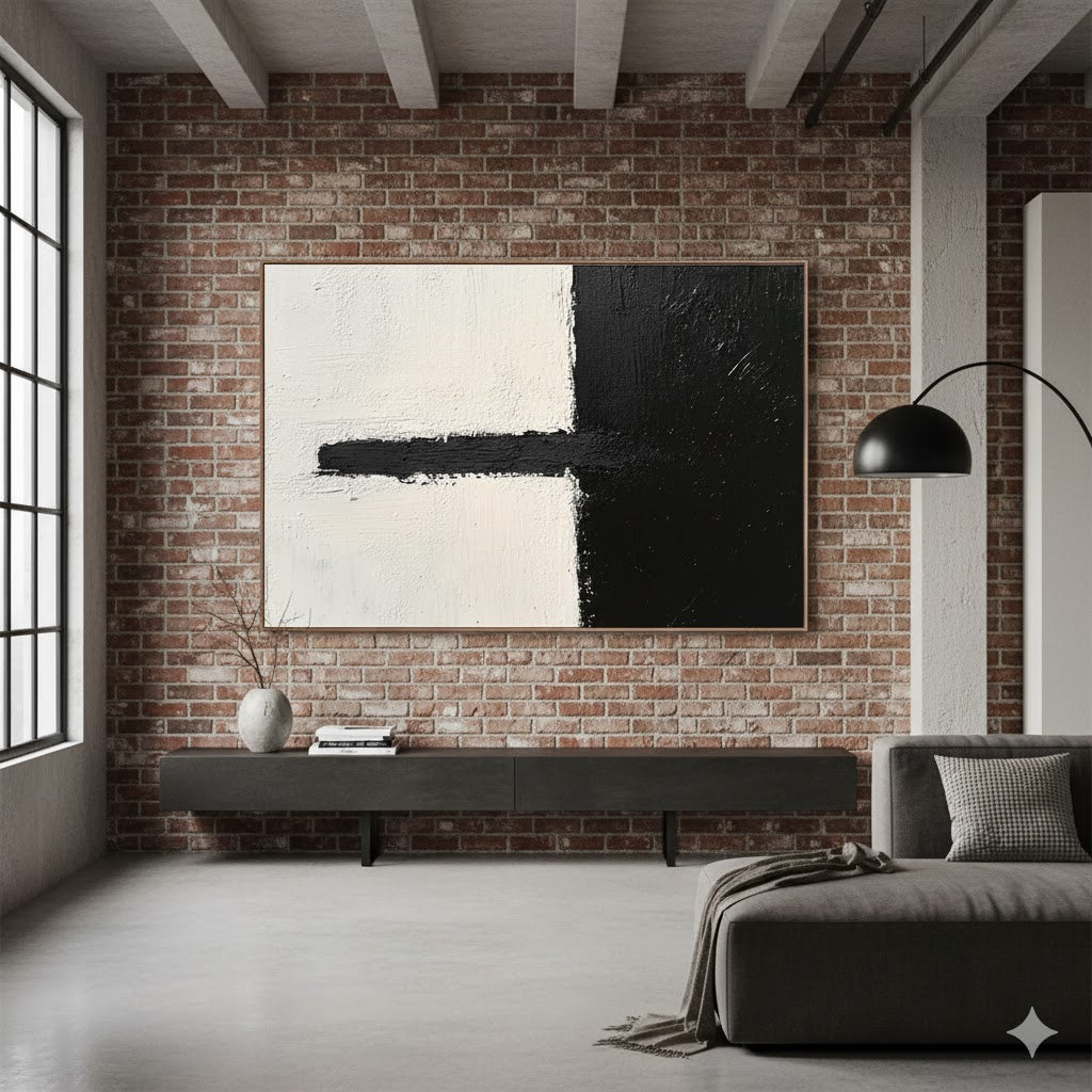 Exploring the Depths of Contrast: A Deep Dive into Black and White Geometric Abstract Painting with Textured Strokes DYP300