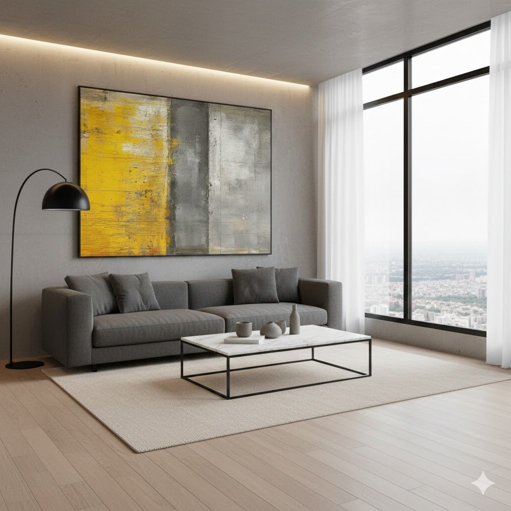 Exploring Emotional Horizons: An In-Depth Analysis of the Gray and Yellow Abstract Painting with Subtle Gradients GER541