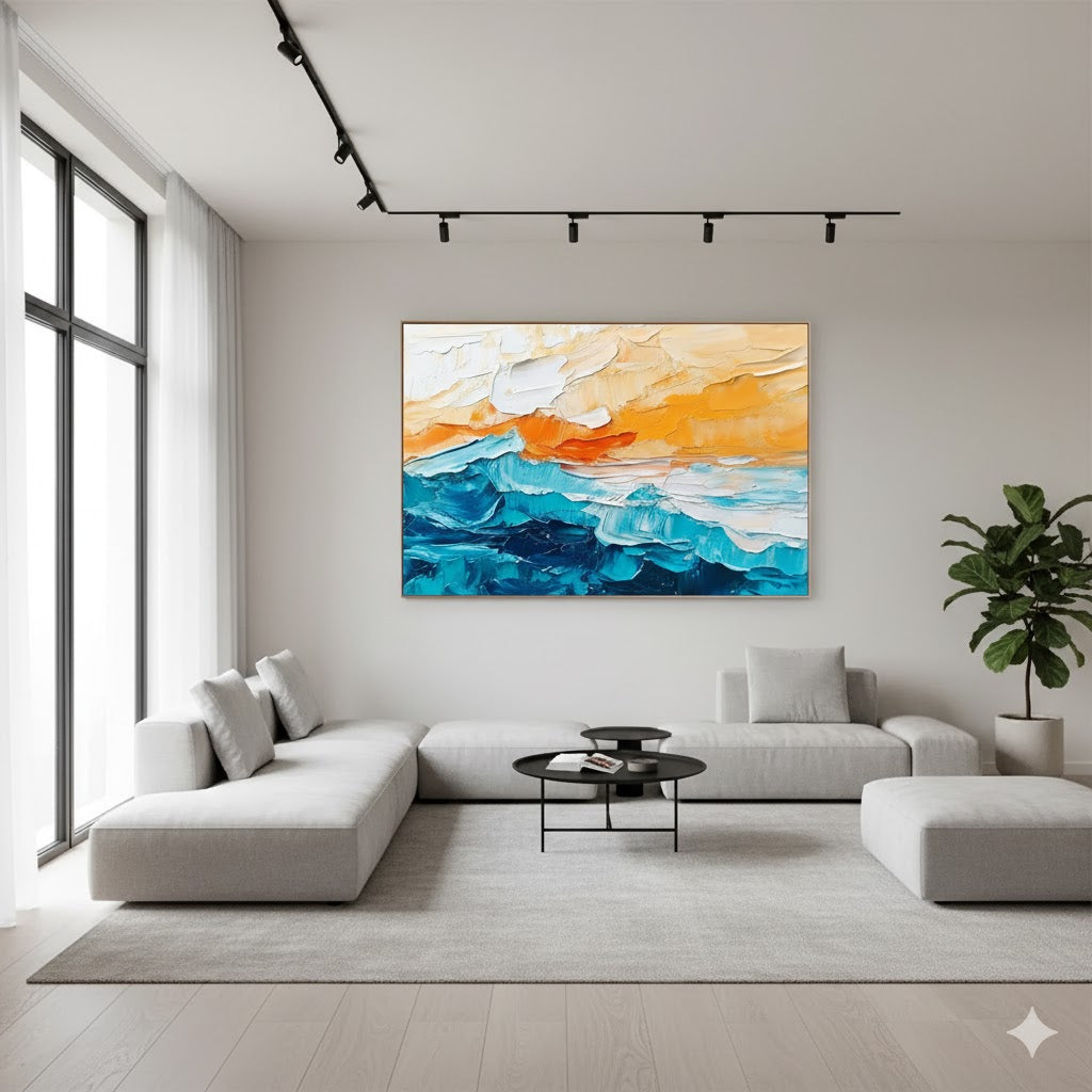The Rhythmic Symphony of Color: An In-Depth Analysis of Textured Orange and Blue Waves Abstract Seascape Painting DYP291