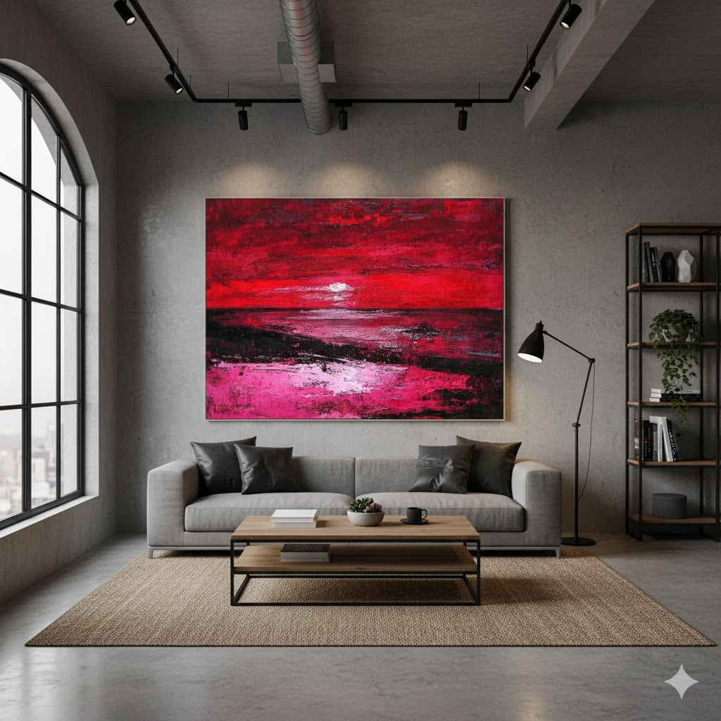 The Dramatic Essence of Crimson Horizons: Exploring the Red Sunset Abstract Landscape Painting