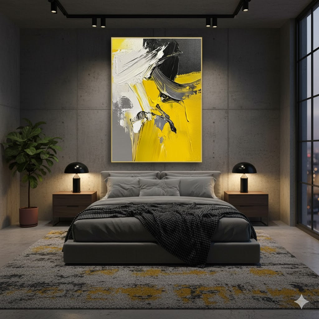 Unveiling the Vibrancy: A Deep Dive into Yellow Gray and White Abstract Painting with Thick Impasto GER552