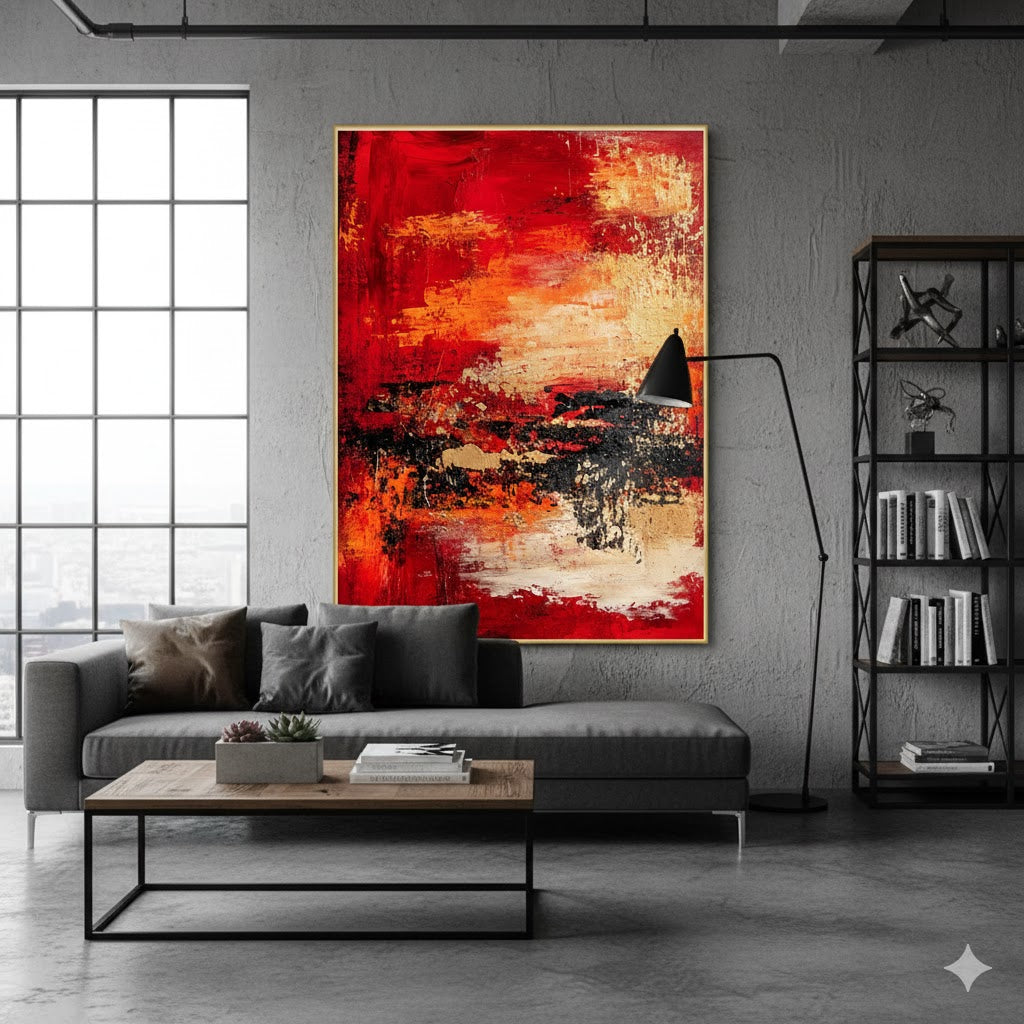 Unveiling the Inferno: A Comprehensive Analysis of Red Orange Abstract Painting with Textured Layers GER730