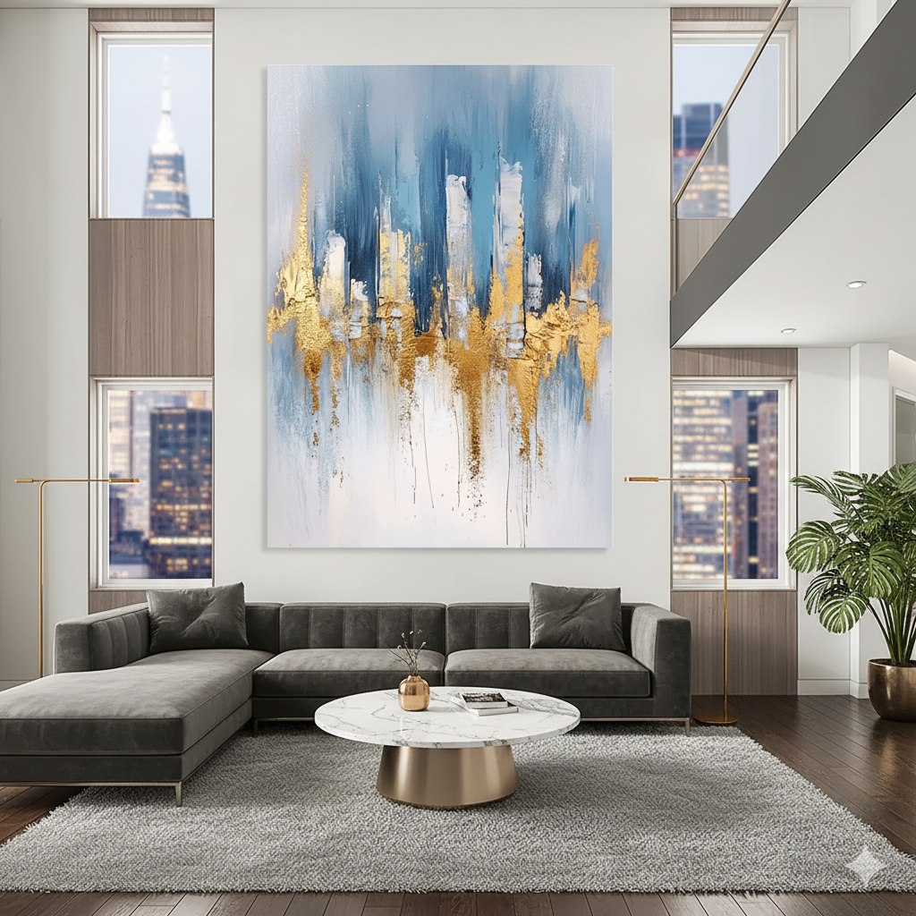 Urban Mirage: An In-Depth Analysis of the Abstract Blue and Gold Painting STSC033