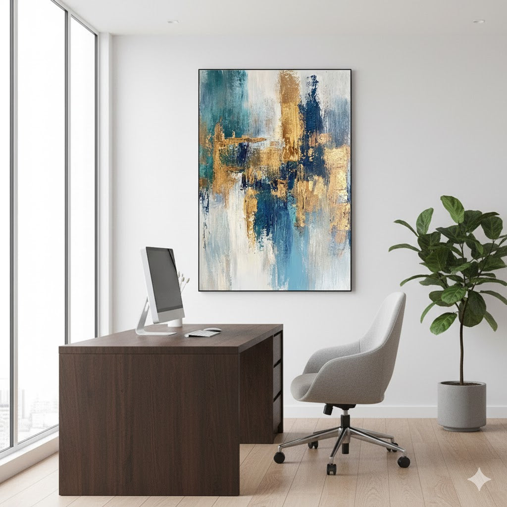 Exploring the Depths: An In-Depth Analysis of Blue and Gold Abstract Painting with Dynamic Strokes GER474