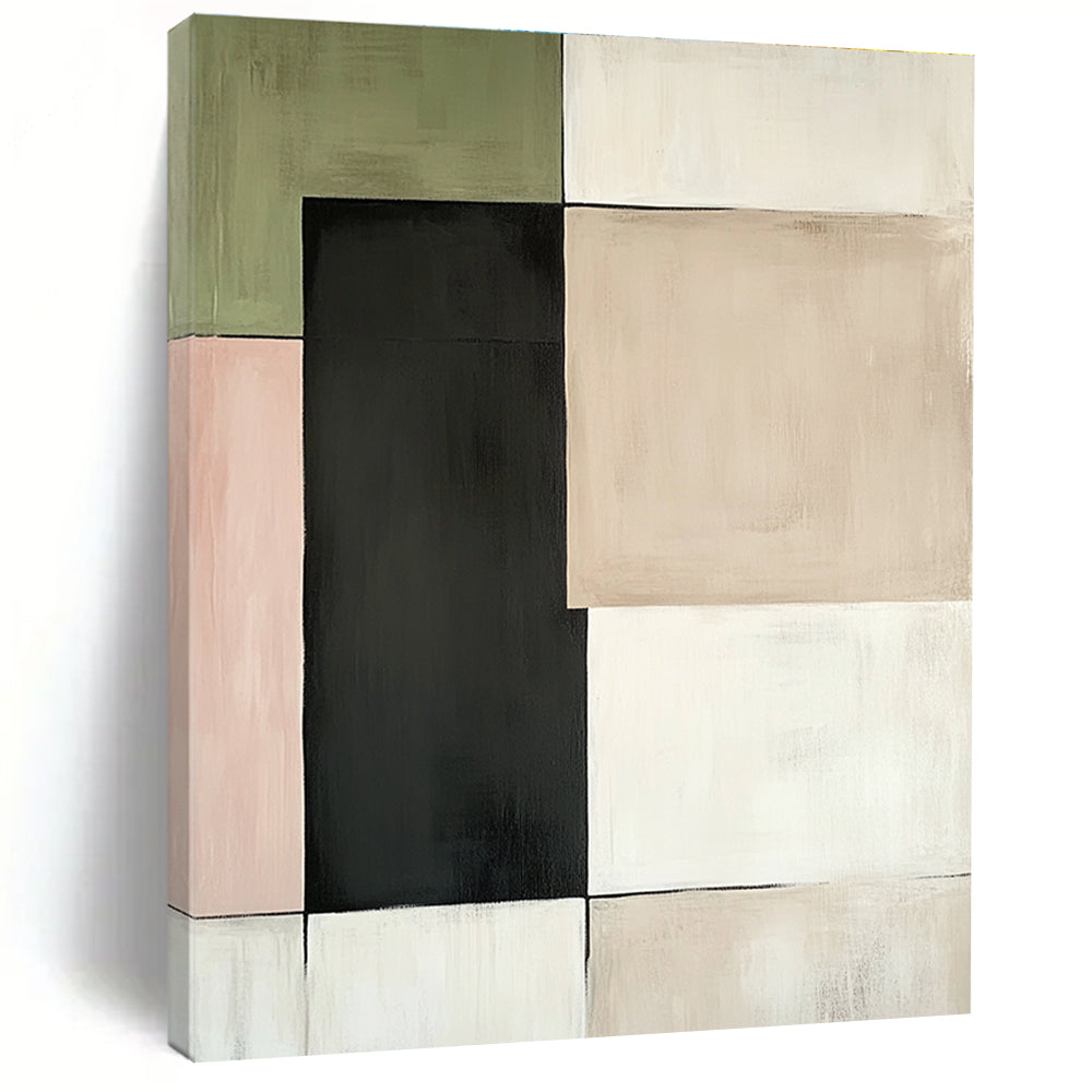 Large abstract painting featuring beige green and black squares with dark grey accents set against a white background with pale pink and light brown highlights.STSC764
