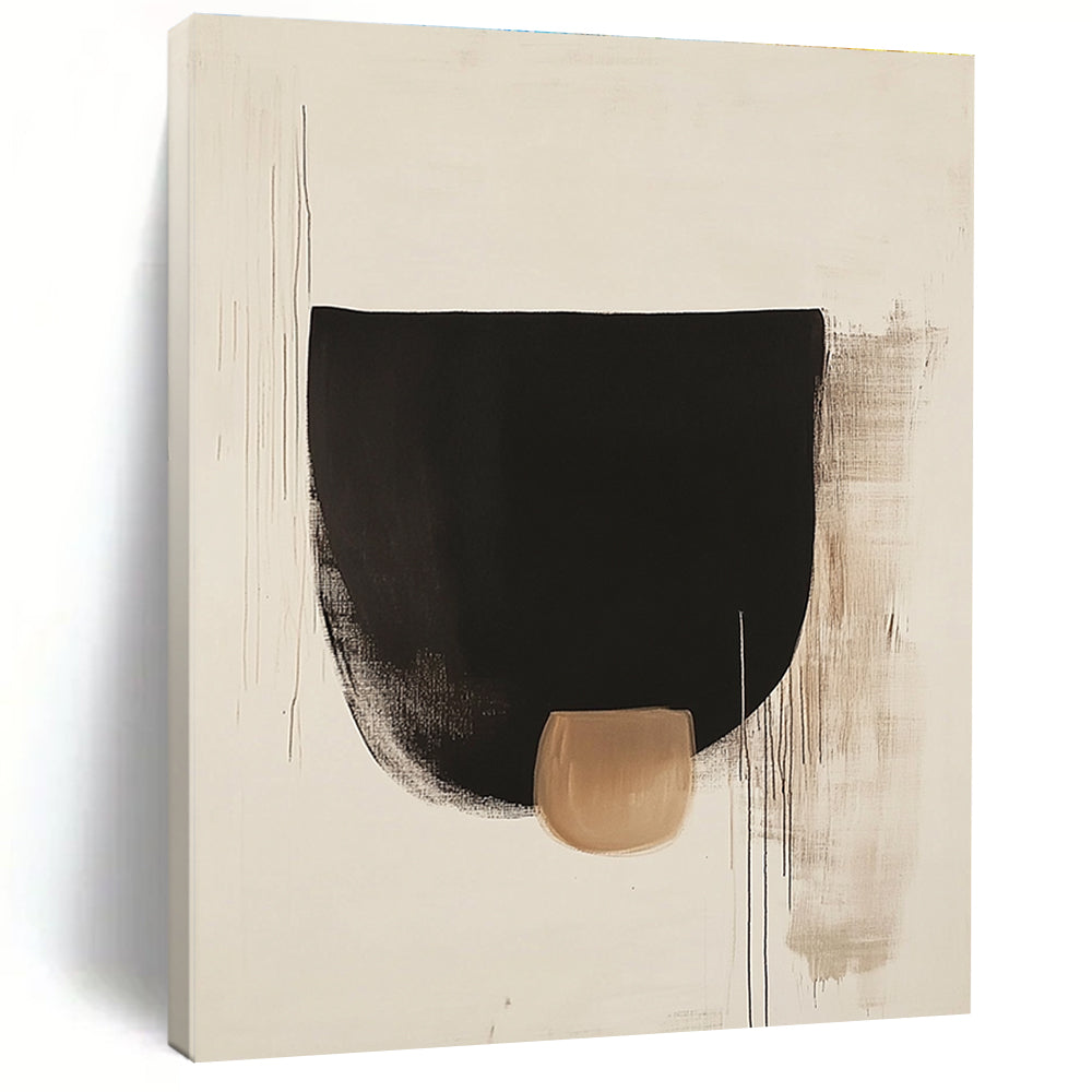 Large abstract black shapes on white background with a small brown detail inspired by Euan Uglow and Tadao Ando's minimalist style.STSC1069