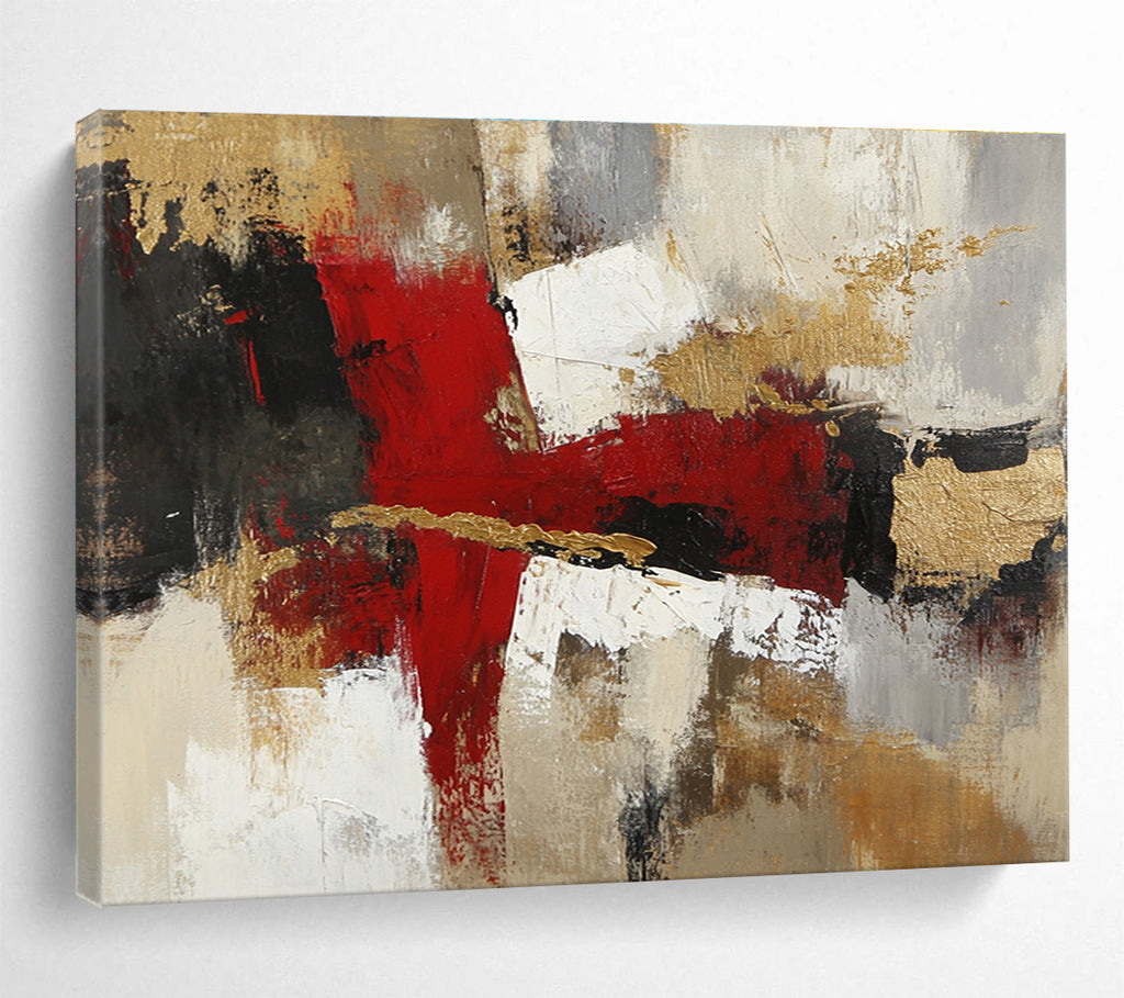 A large abstract painting with red white and brown tones featuring organic layers textures and a blend of realism and abstraction.SC381