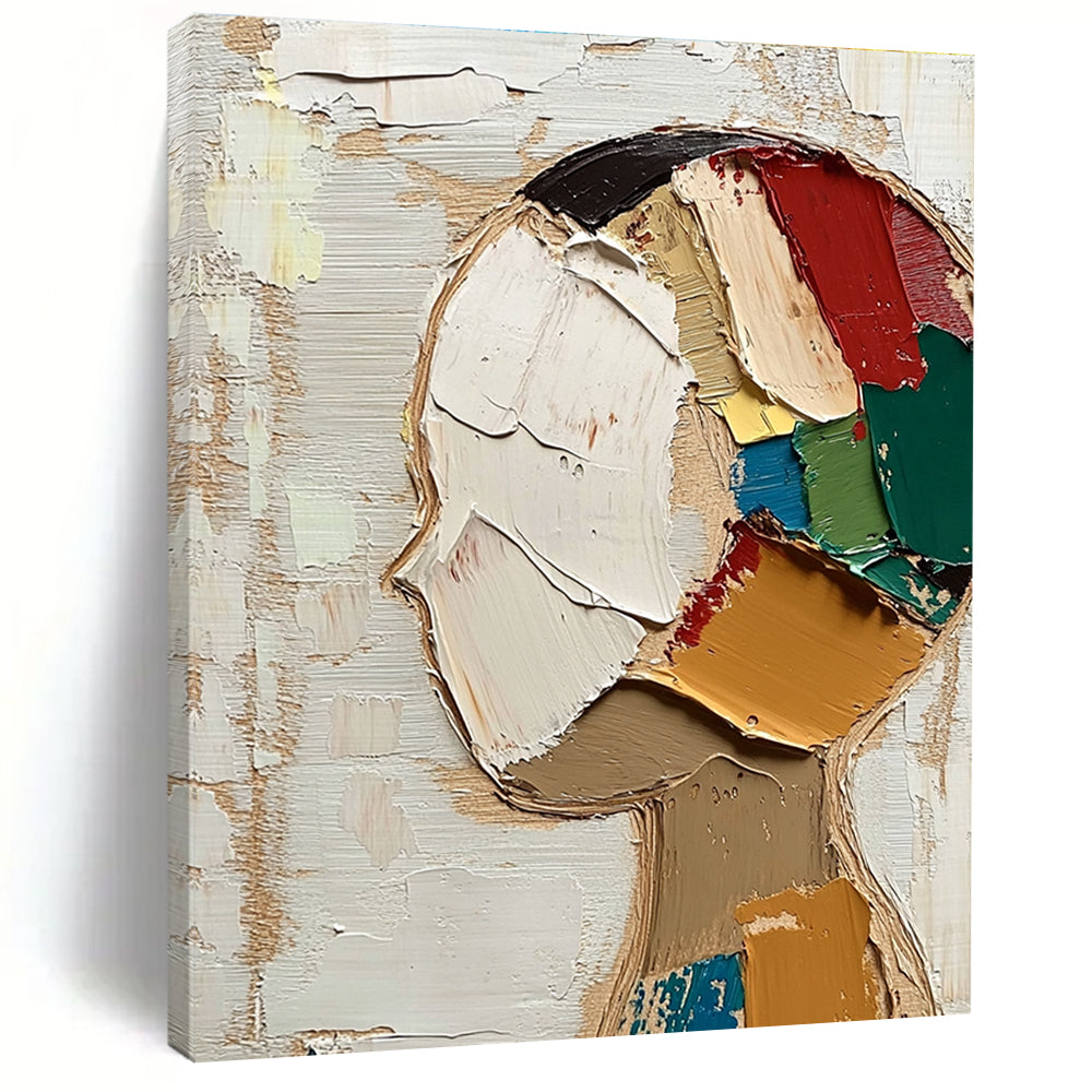 Large abstract painting featuring a round face with short hair in vibrant colors against a beige and white background with visible brush strokes.STSC197