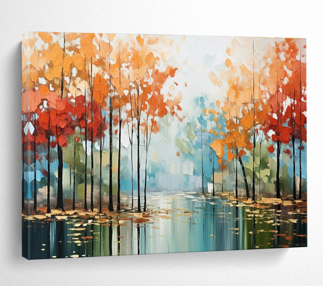 Autumn River Abstract Painting with Red, Orange, and Blue Tones THY164