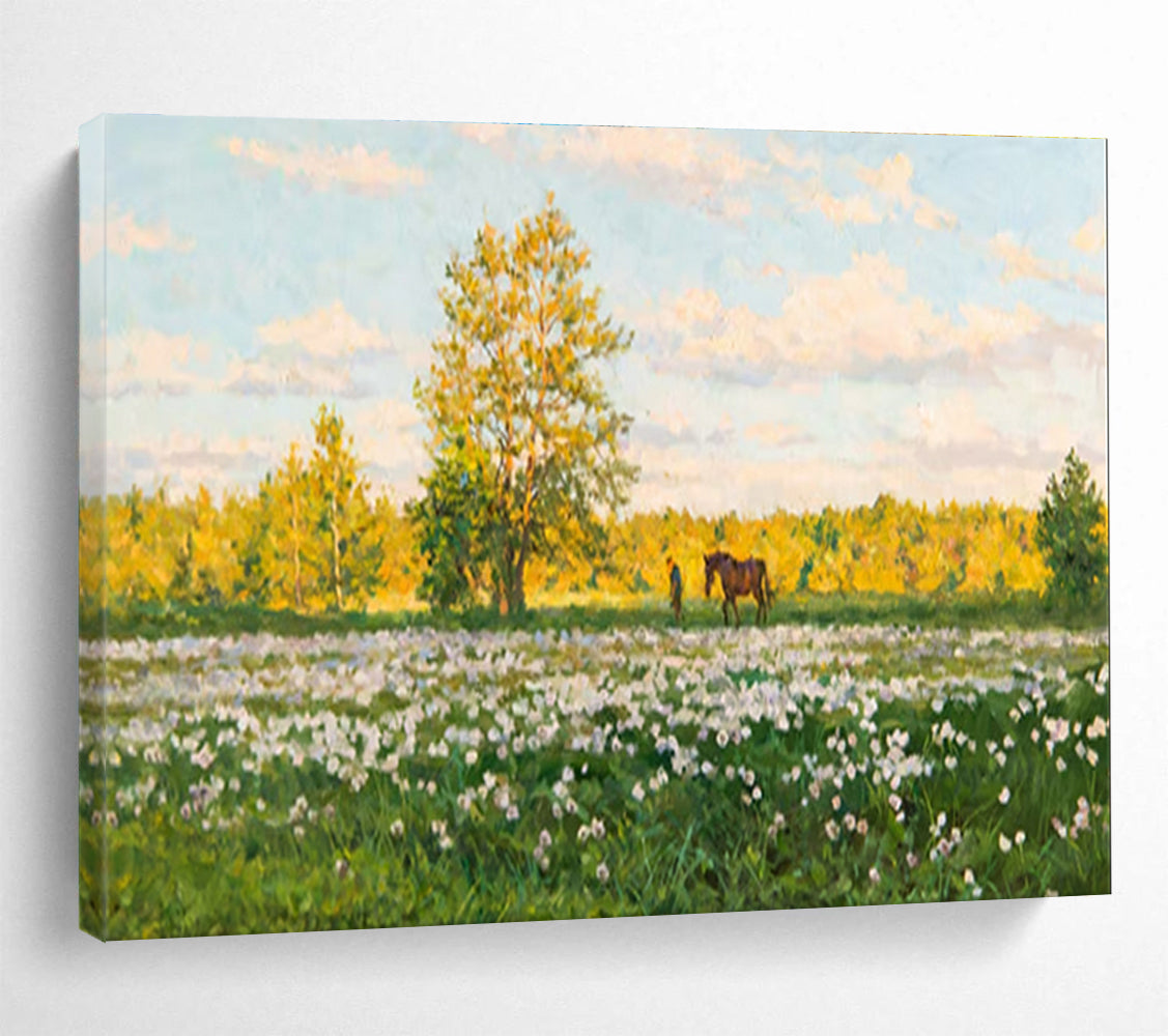 Summer Meadow Abstract Painting with Green, Yellow, and White Tones THY216