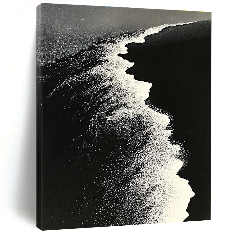 Large abstract painting of ocean waves blending into a white beach with contrasting black sand captured in a dynamic perspective.STSC1430