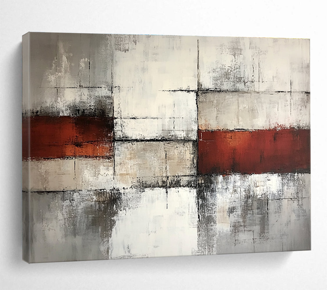 Gray Red and White Abstract Grid Painting with Distressed Textures DYP589