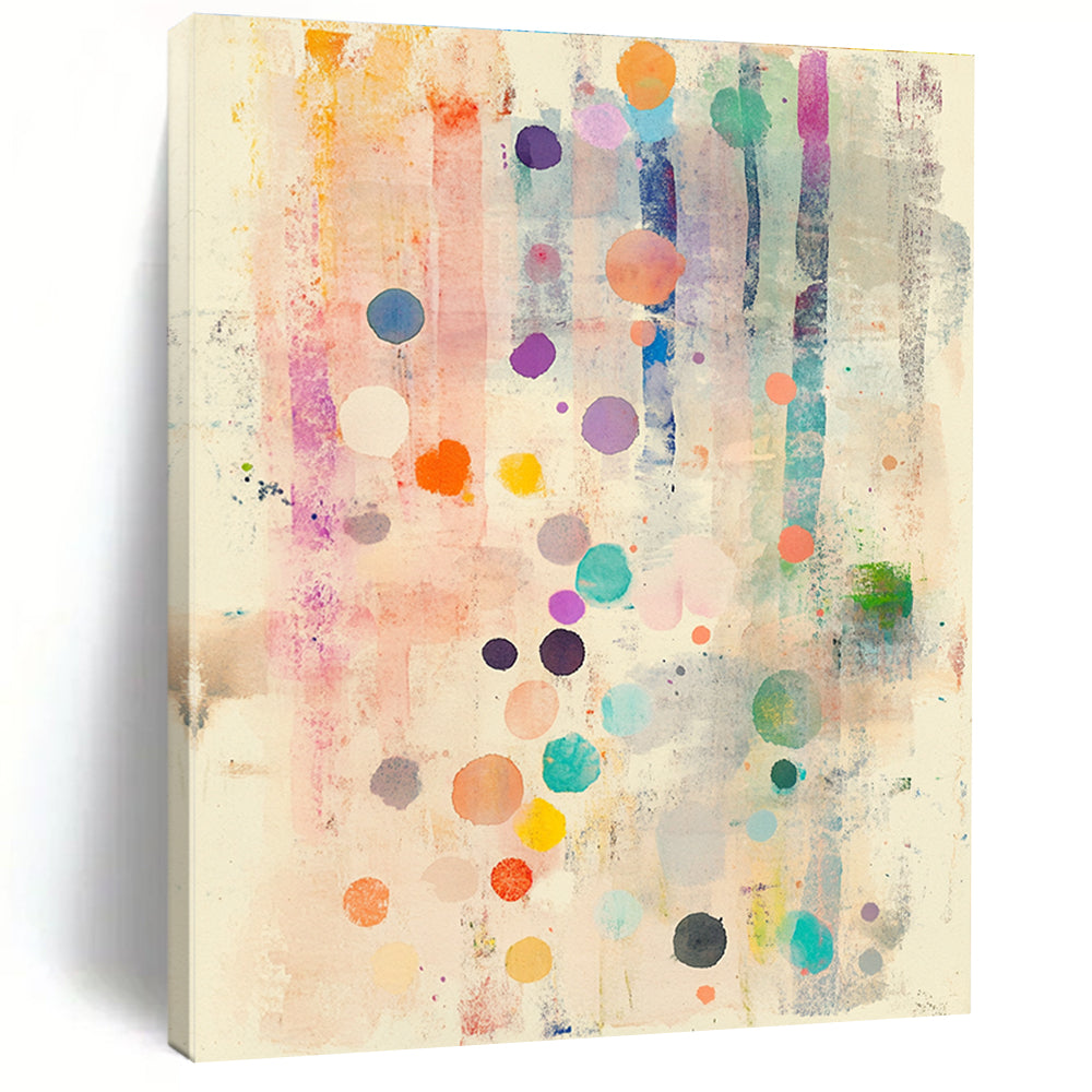 A large abstract watercolor painting featuring soft pastel colors with polka dots and delicate flowers evoking calmness and serenity.STSC1203