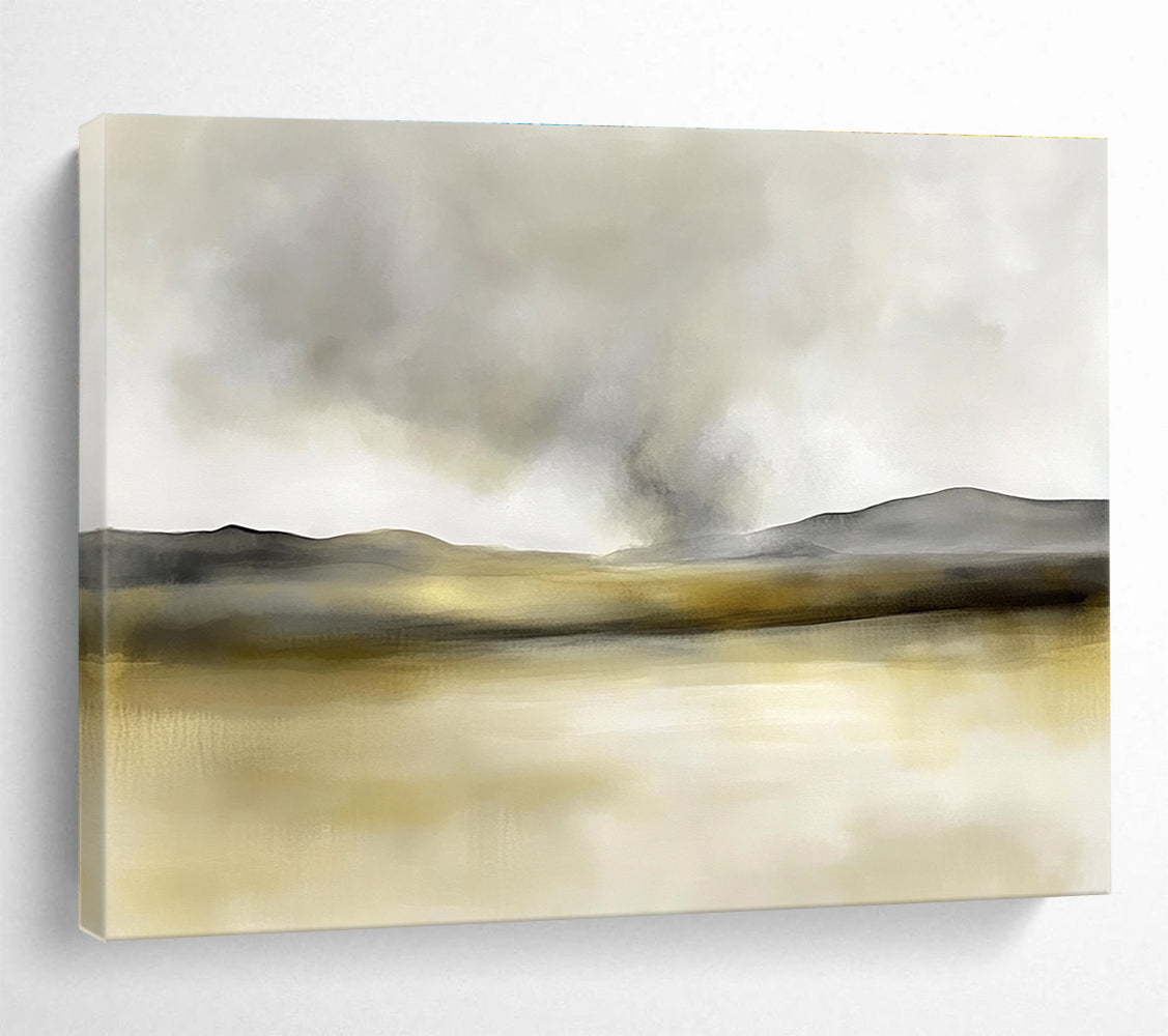 Large abstract painting in soft watercolors featuring neutral beige and gray tones with yellow accents and distant rolling hills under smoke.SC075