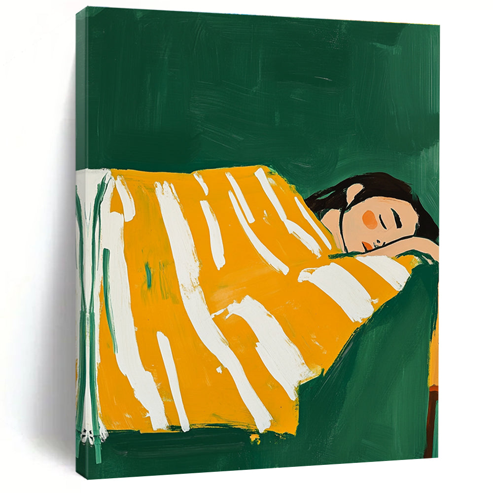 A large abstract painting featuring a woman in a yellow and white striped blanket sleeping on a couch with a vibrant green background.STSC1267
