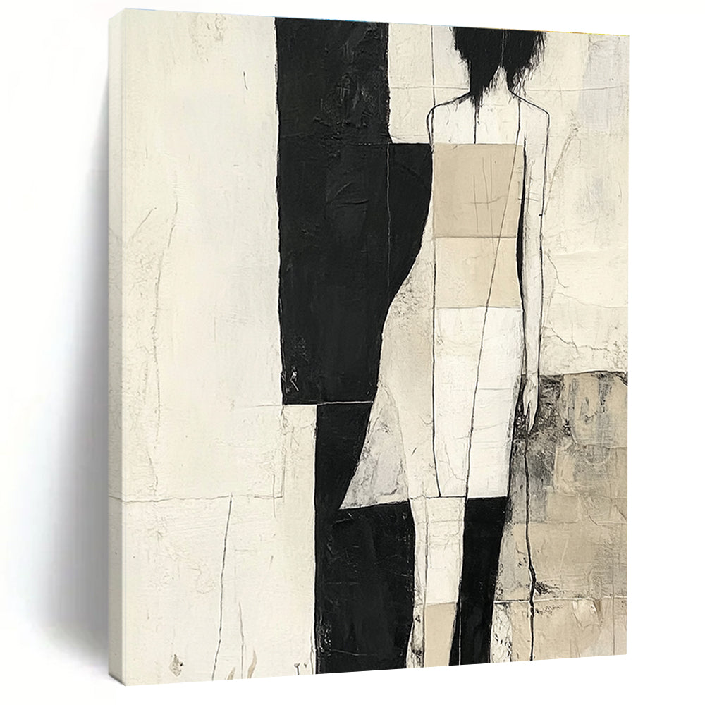 Large abstract painting in black and white with gray and beige strips against a soft cream background inspired by various artistic styles.STSC674