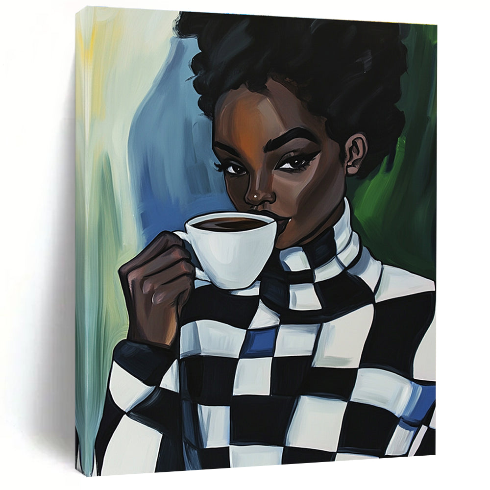 An abstract oil painting featuring a Black woman in a checkered turtleneck enjoying coffee, radiating warmth and style.STSC919