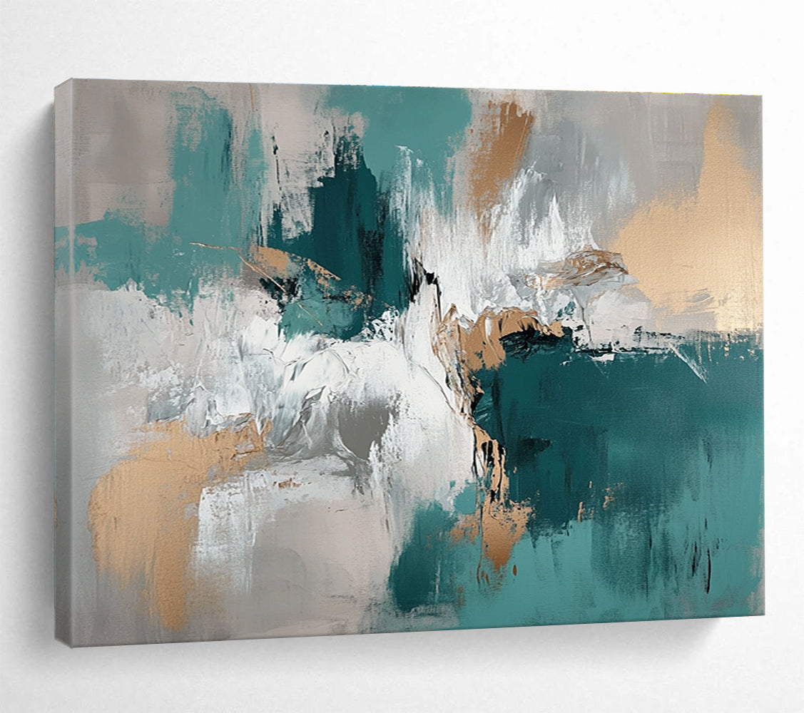 Large abstract painting with muted teal beige and brown tones depicting water and ice creating a profound depth on the canvas.SC243