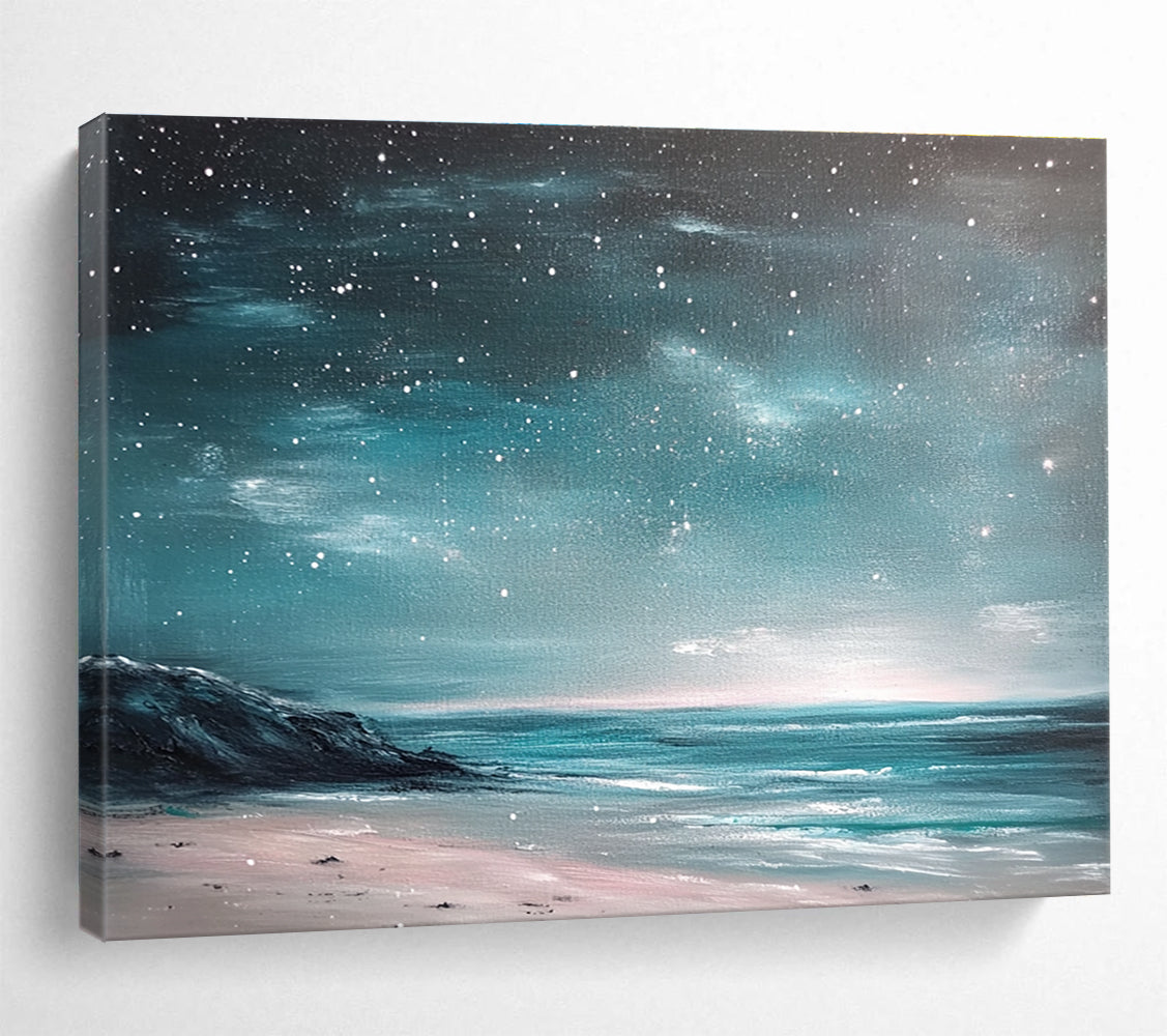 Coastal Starry Night Abstract Painting with Teal and Pink Tones DYP556