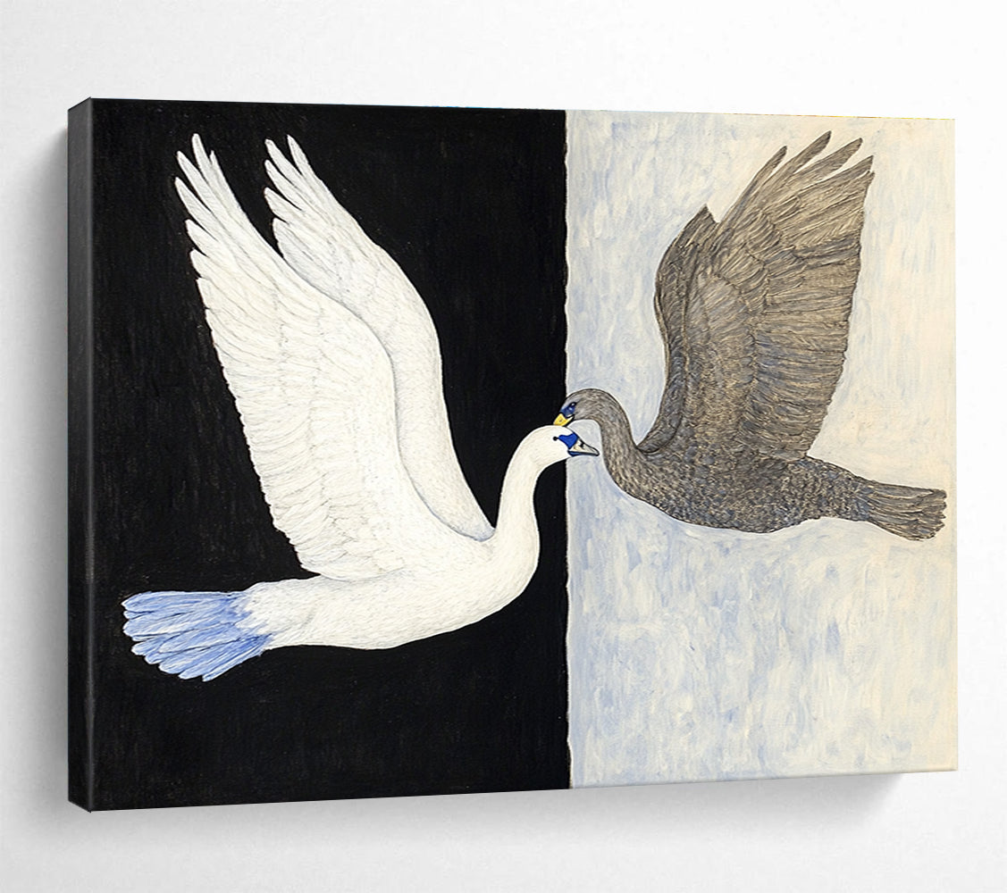Black and White Abstract Painting of Two Birds in Flight DYP149