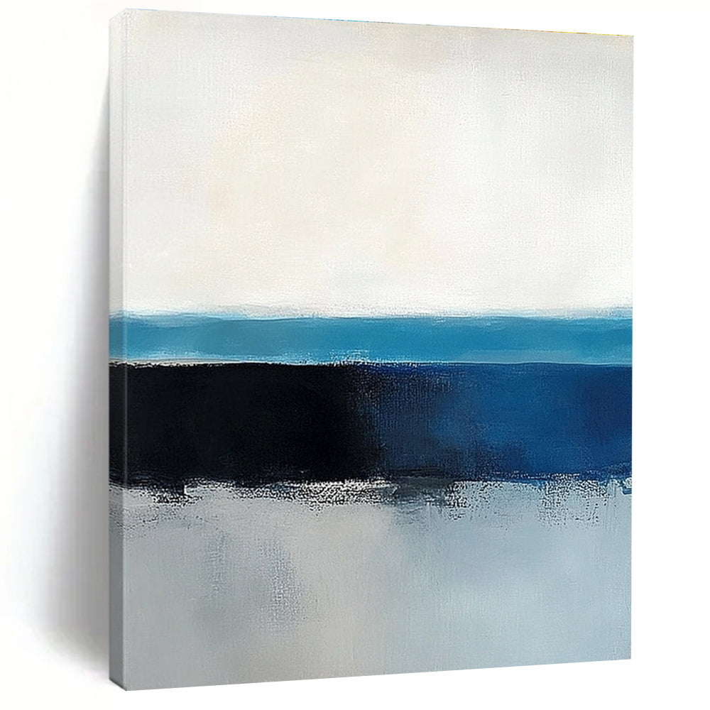 Large abstract painting of the ocean horizon featuring blue and gray tones in a minimalist style with neutral colors.STSC342