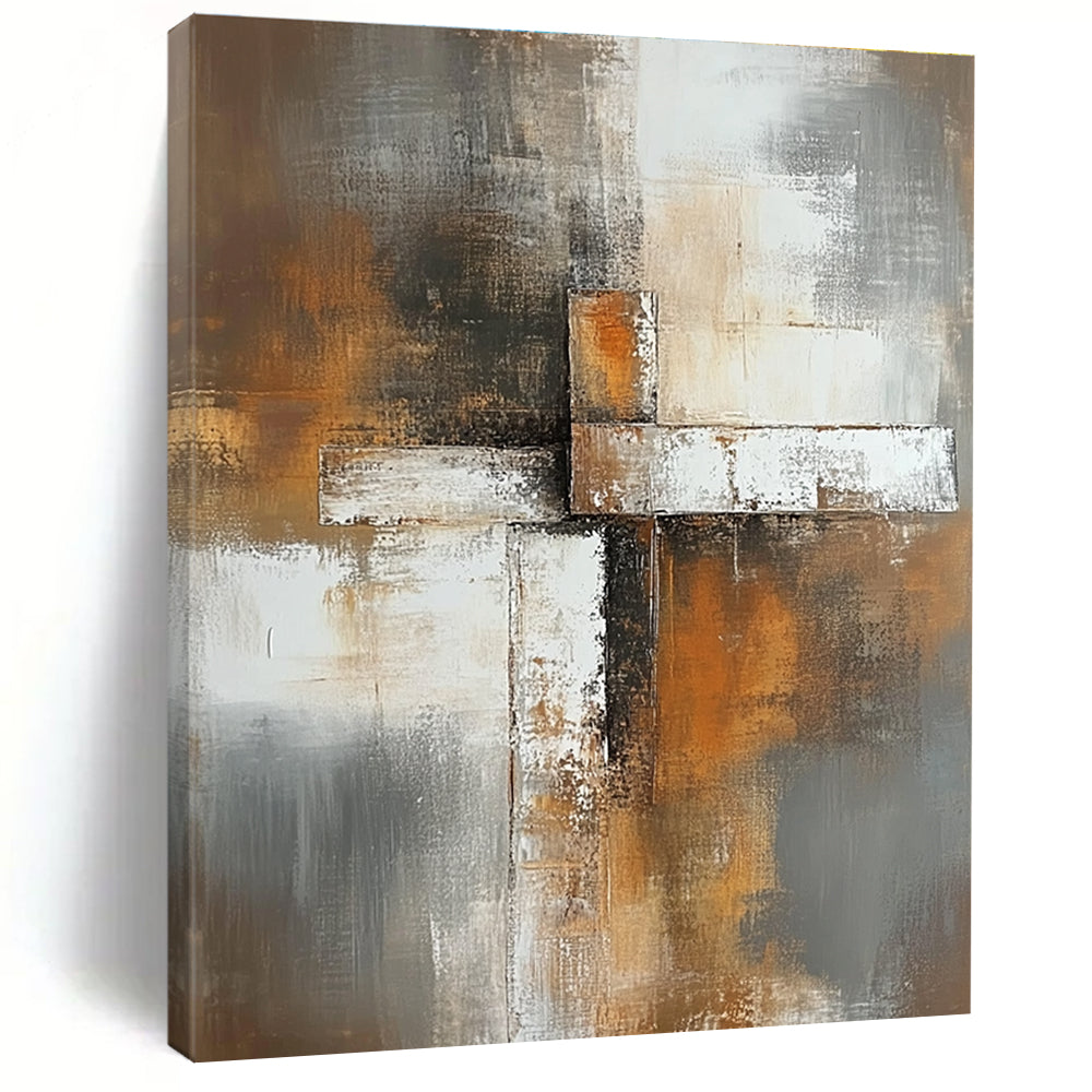 Abstrakt painting featuring soft gray brown and white tones with a blurred background and an elegant square cross in the foreground.STSC811