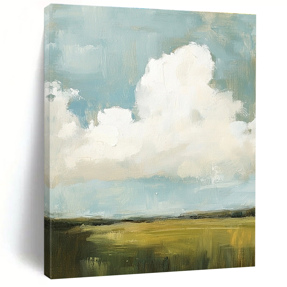 Large abstract painting featuring fluffy white and gray clouds over green grass fields with visible brush strokes and muted colors, creating a detailed scene.STSC873