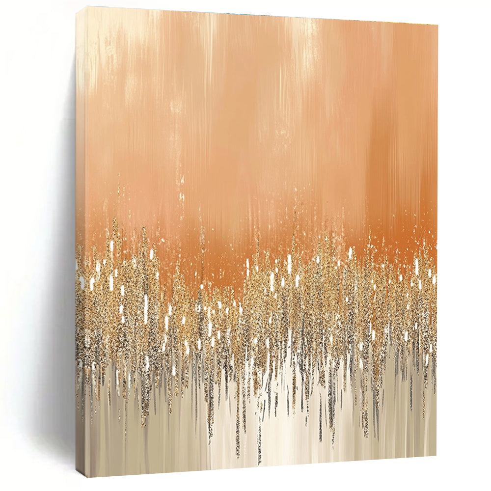 Large abstract painting featuring glittery gold and silver dust on a peach-fuzz beige background ideal for festive or glamorous settings.STSC980