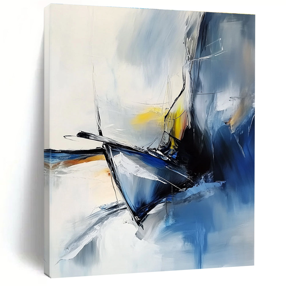 An abstract painting capturing a close-up of a luxury sailboat's bow and figurehead in foggy weather using white blue black grey and yellow.STSC645