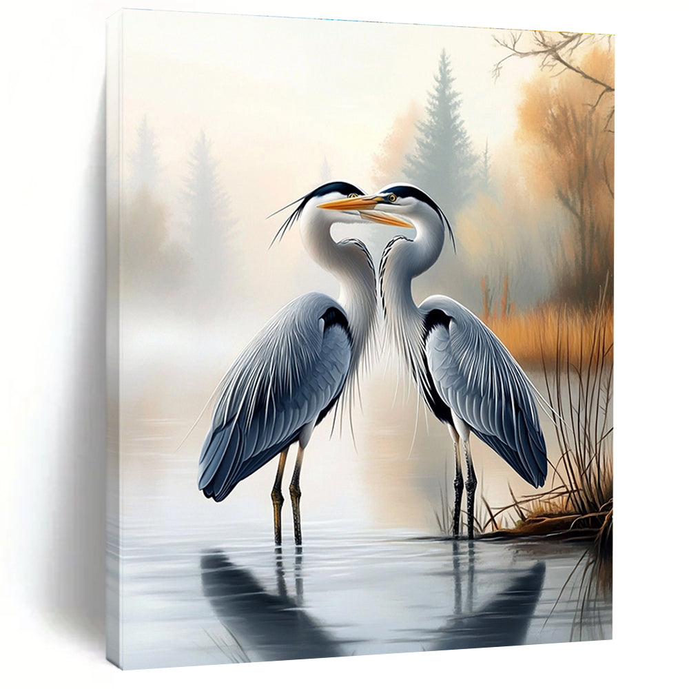 A large abstract painting featuring two herons on water's edge with a misty forest background showcasing realistic detail and serene beauty.STSC1451