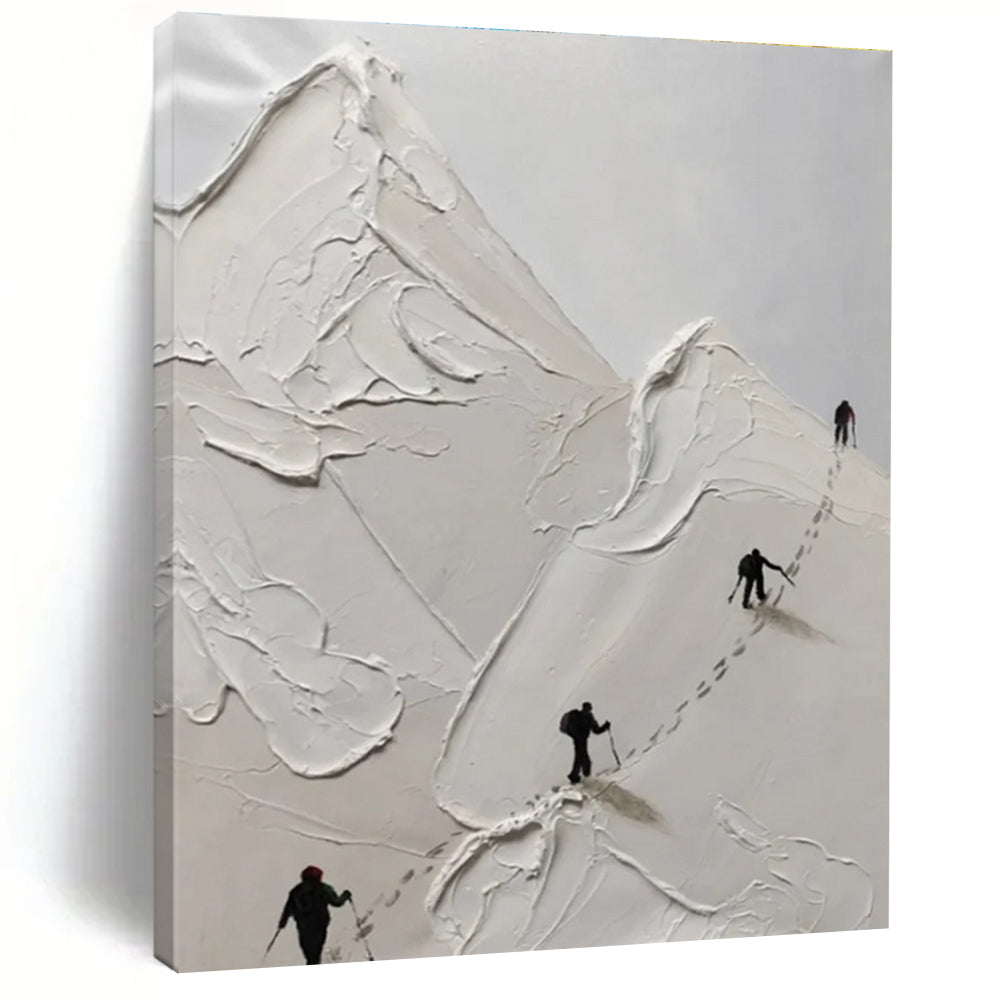 White Textured Mountain Climbing Abstract Painting with Black Silhouettes ADGE317