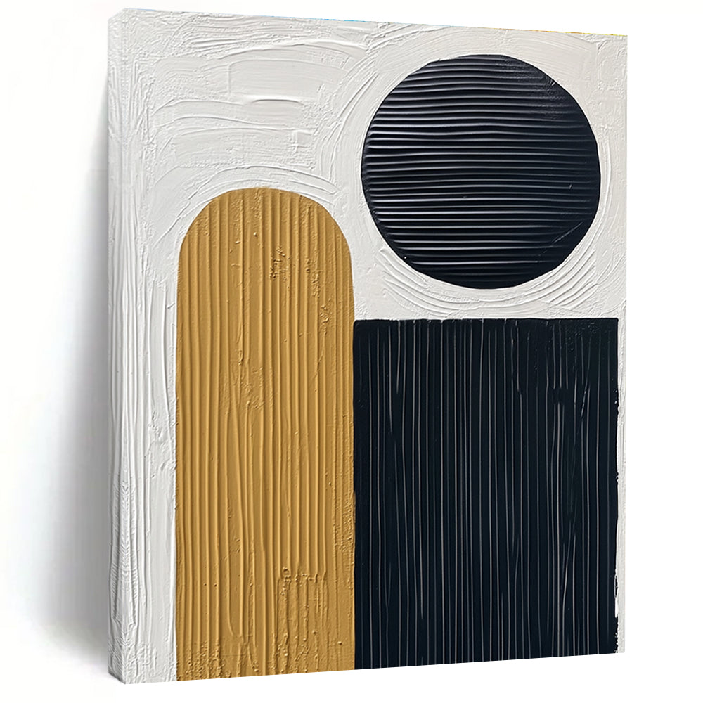Abstract painting featuring thick black lines on textured paper with a white background and a small gold oval accent along with three circles.STSC451
