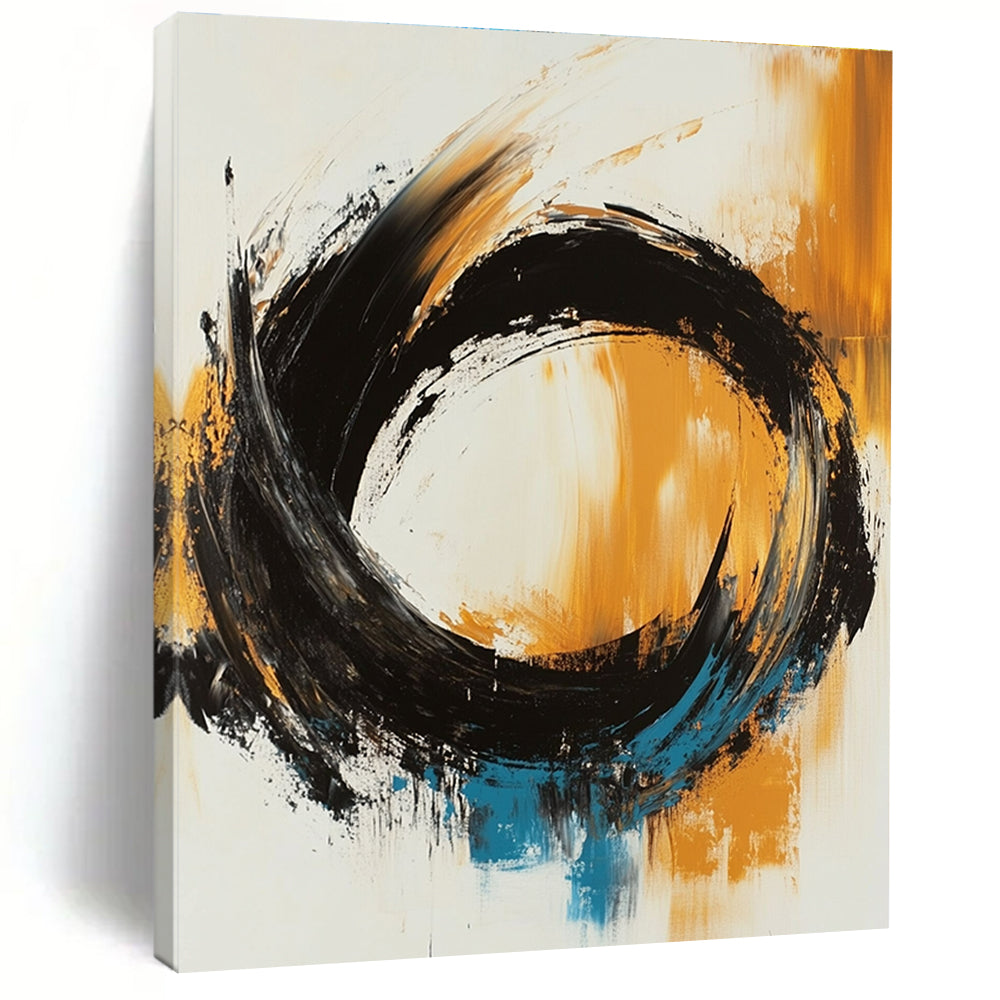 Black Orange Blue Abstract Painting with Dynamic Swirls GER767